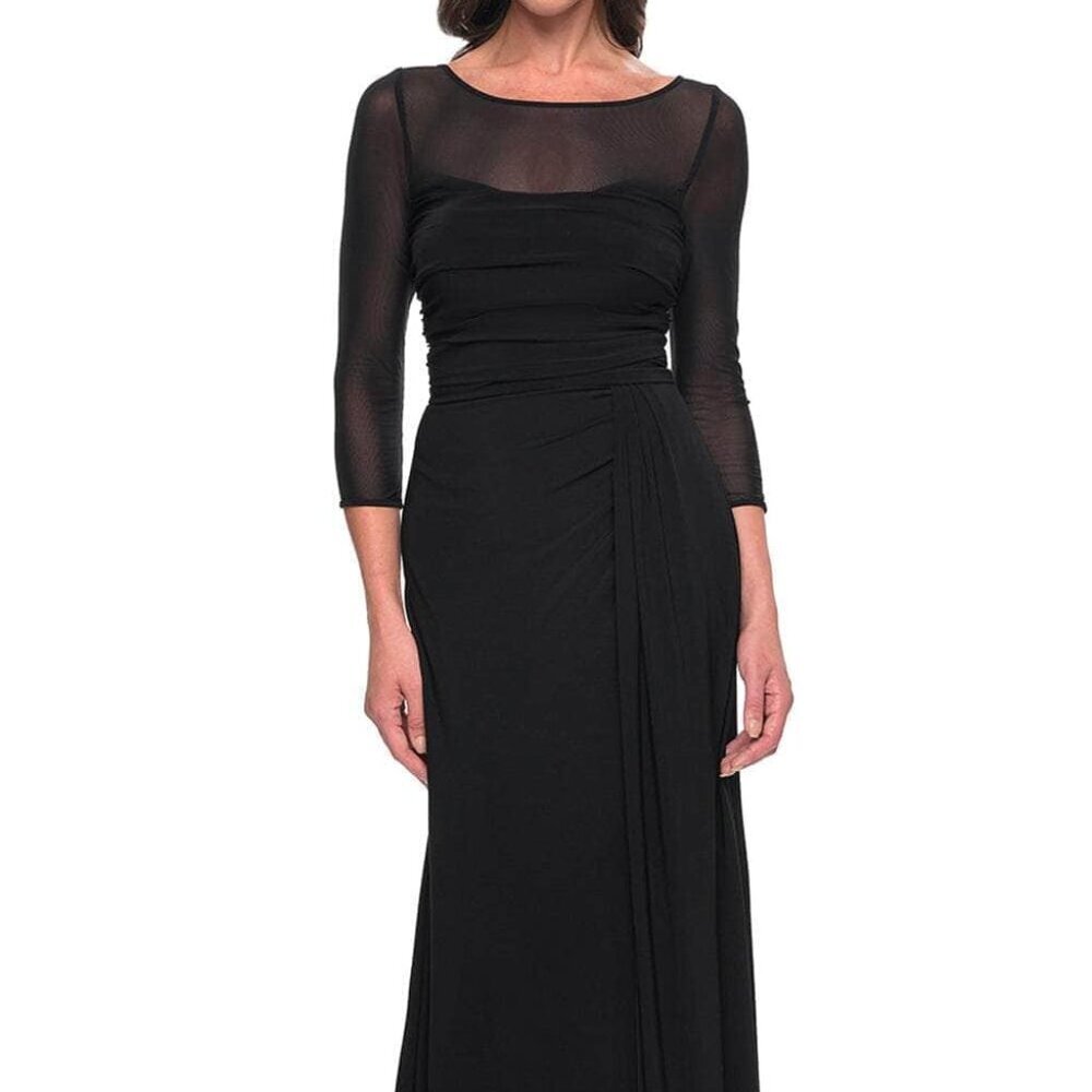 La Femme Black Mesh-Sleeve Ruched Prom Gown